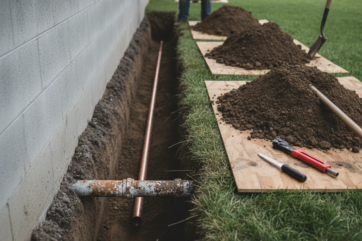 Excavated water line trench during Water Heater Repair in Olympia